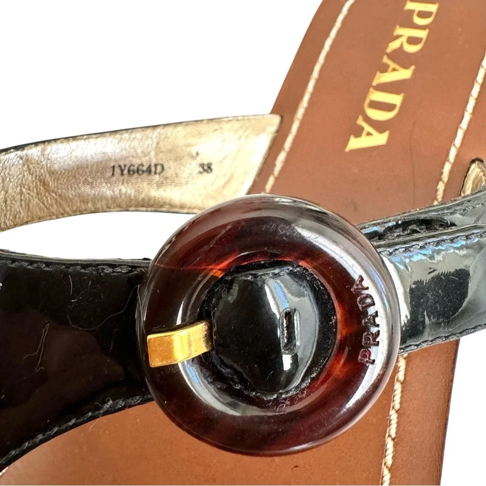 PRADA Black Patent Flat Sandals Leather Thong Slides Women’s 38 - Picture 7 of 17